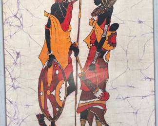 Vintage African Wax Batik Wall Art Fabric Hand Painted approximately 20”x16”  Signed