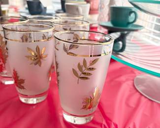 Vintage Libbey Frosted Gold Leaf Tumblers Glasses Gold Rim 5-1/4” 12oz Set Of 6 Barware Bar 