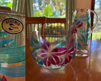 Hand Painted & Blown Bohemian Glass Pitcher & Matching Bowl
