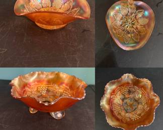 vintage Dugan Marigold Carnival Glass "Leaf Rays" nappy 
Vintage Fenton Marigold Carnival Glass bowl, likely in the "Grape and Cable" pattern