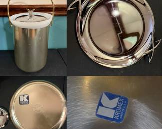 Vintage mid-century modern Kromex ice bucket with a gold-tone handle & matching Round  chrome serving tray.