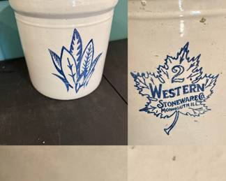 Vintage Western 2 Gallon Maple Leaf Stoneware Crock - Farmhouse - Monmouth Illinois Stoneware Crock