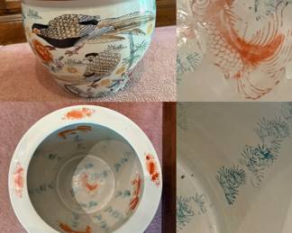 Vintage Chinese porcelain fishbowl, jardiniere or planter, decorated with a koi fish motif inside Birds & Floral outside