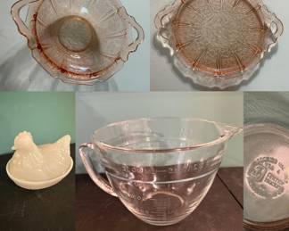 Pink Depression glass, cake plate & Handled Fruit Bowl  "Cherry Blossom" pattern made by the Jeanette Glass Company