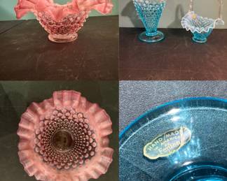 vintage Fenton Cranberry Opalescent Hobnail
Ruffled glass bowl 
vintage Fenton Blue Opalescent Hobnail glass vase and basket