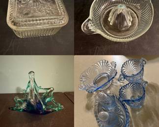 vintage glassware from the Cambridge Glass Company in the "Caprice" pattern "Moonlight Blue" color Creamer a sugar bowl, a candy dish, and a salt and pepper shaker set
