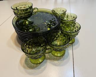 Indiana Glass Whitehall Avocado Green Snack Set. Mid-Century cubist or block optic pattern