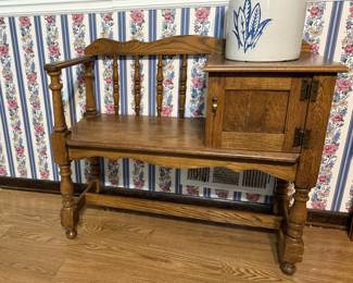 Vintage Oak Wood Gossip / Telephone Bench