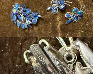 Vintage Weiss Blue Stone Brooch & Earrings Set