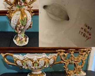 Vintage Italian Rococo-style Ceramic Vase, Centerpiece Bowl & Pair Candleabras
