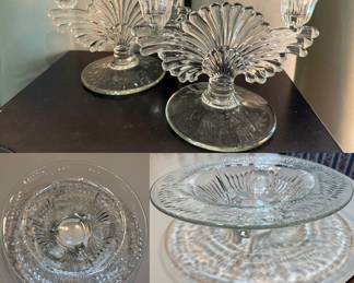 Paden City Glass Co. MAYA 221 Wheel Cut Large 3-Footed Console Centerpiece Bowl
& Pair Double Candle Holders