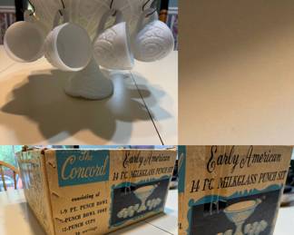 1950’s McKee "The Concord" Early American milk glass 14-piece punch set 9-pint punch bowl, a punch bowl foot/stand, & 11 punch cups -1 missing cup