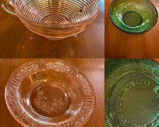 Vtg Anchor Hocking Pink Depression
Manhattan Double Handles Glass Bowl
Vintage green ribbed glass bowl made by the E.O. Brody Co