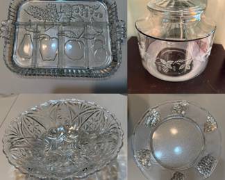 vintage Indiana Glass "Crystal Happenings" 5-Part Relish Tray, model number 3678
Vintage Anchor Hocking Stars and Bars Clear Pressed Glass Serving Bowl Large Footed