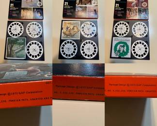 Vintage “Talking View-Master" boxed sets from GAF Corporation, featuring the titles Tom Sawyer, Huckleberry Finn, and A Christmas Carol