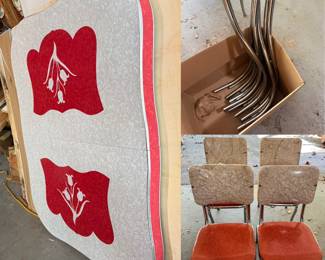 Red Grey Floral Design Formica Top 1950’s mid-century dinette Set with 4 Chairs Stainless Legs