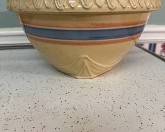 Vintage 1930’s McCoy Yellow Ware mixing bowl with pink and blue stripes