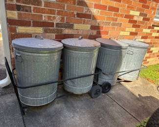 4 METAL TRASH CANS WITH CARTS