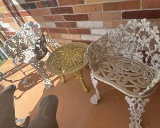 WROUGHT IRON TABLE AND TWO CHAIRS