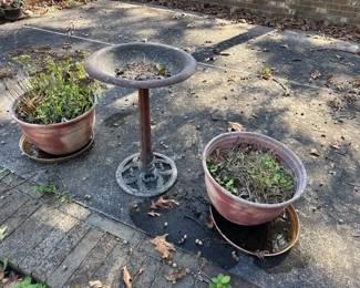 BIRD BATH AND FLOWER POTS