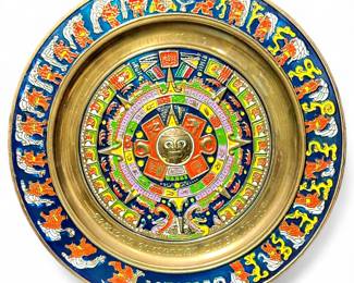 Decorative Brass & Enamel Aztec Sun Stone Wall Plaque