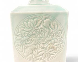 Celadon Glazed Ceramic Vase With Floral Relief Design