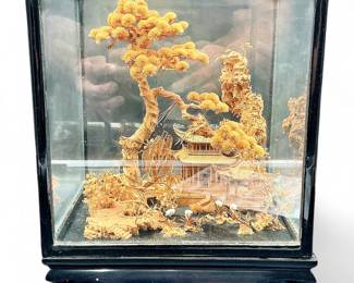 Vintage Chinese Carved Cork Diorama Landscape in Glass Case