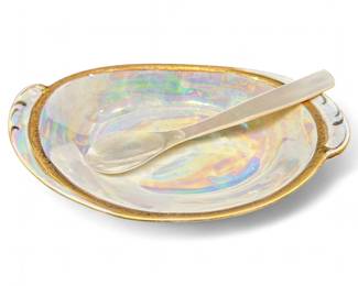 Antique Japanese Hand-Painted Iridescent Porcelain Dish w/ Mother-Of-Pearl Spoon