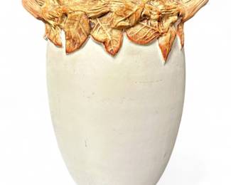 Decorative Ceramic Vase With Faux Wood Handles And Decorative Leaf Rim