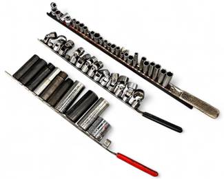 Three Sets Of Steel Socket Wrenches On Rails