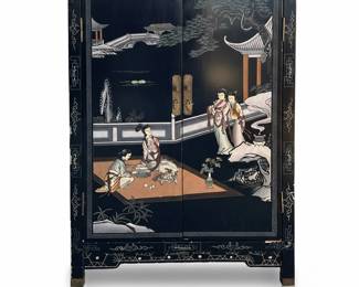 Mid Century Chinese Black Lacquer Cabinet w/ Painted Chinoiserie Scenes
