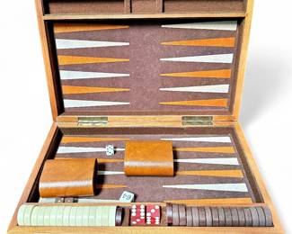 Striped Wood Case Containing Complete BackGammon Set