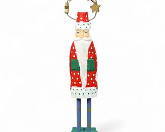 Vintage Handmade Painted Folk Art Santa Figurine w/ Star Halo