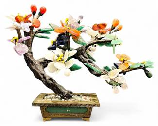 Antique Chinese Bonsai Tree With Jade, Agate, Rose Quartz, And Glass Leaves