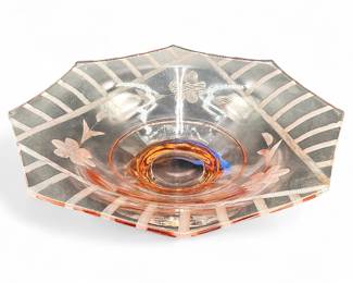 Pink Etched Depression Glass Art Deco Pedestal Fruit Bowl