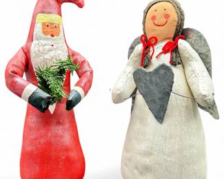 Pair of Handcrafted Folk Art Santa & Angel Figurines