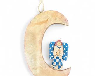 Rustic Folk Art Crescent Moon Decoration With Standing Angel Figure