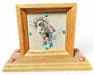 Navaho Wood Framed Sand Painting Clock With Turquoise Stones