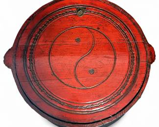 Antique Chinese Red Lacquer Wedding Basket w/ Yin-Yang Lid
