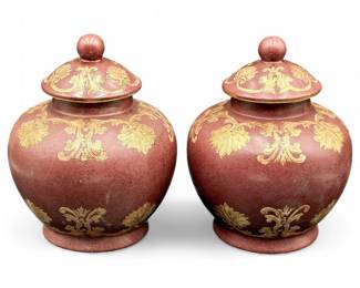 Pair of Decorative Burgundy & Gold Lidded Urns / Ginger Jars