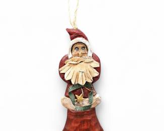 Folk Art Style Carved-Look Santa w/ Wreath Ornament