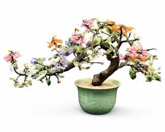 Decorative Chinese Glass Floral Bonsai Tree In A Celadon Porcelain Pot