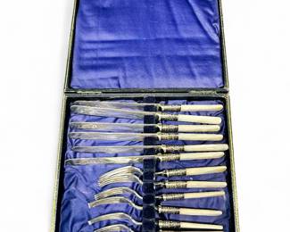 Antique 12 Pcs Fork & Knife Set w/ Mother-Of-Pearl Handles In Flatware Case