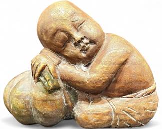 Carved Wooden Baby Buddha Figurine With Pumpkin