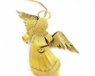 Vintage Midwest Importers Gold Metal Engraved Angel Ornament With Bell
