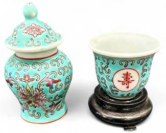 Pair of Chinese Turquoise Mini Ginger Jar, Sake Cup & Base
