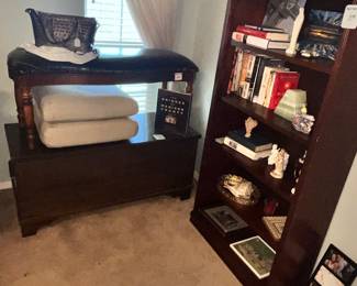 Wooden blanket chest, padded bench & bookcase