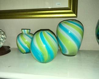 SET OF 3 TOZAI GLASS GREEN /TURQUOISE VASES