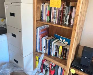 3 - metal file cabinets, bookcase & books
