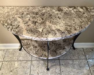 Semi-circle console table for entryway, marble top and lower shelve,  on cast iron legs, very heavy.